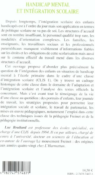 Quatrième de couverture de « HANDICAP MENTAL ET INTEGRATION SCOLAIRE »