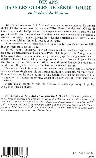 Quatrième de couverture de « DIX ANS DANS LES GEOLES DE SEKOU TOURE - OU LA VERITE DU MINISTRE »
