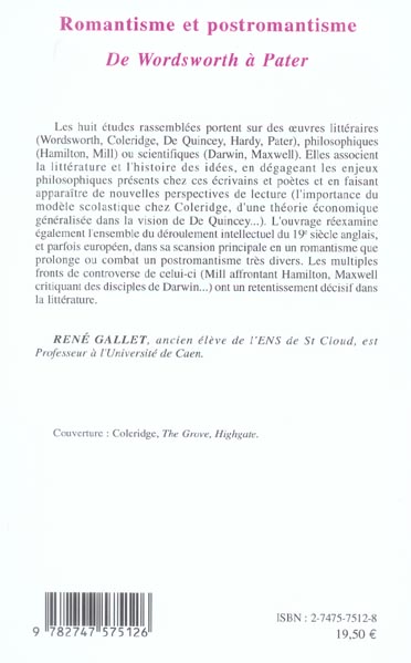 Quatrième de couverture de « ROMANTISME ET POSTROMANTISME - DE WORDSWORTH A PATER »