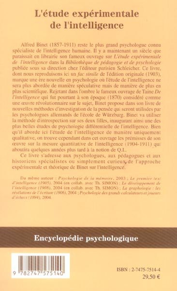 Quatrième de couverture de « L'ETUDE EXPERIMENTALE DE L'INTELLIGENCE »