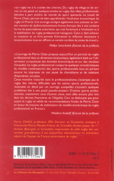 Quatrième de couverture de « LE RUGBY PROFESSIONNEL EN FRANCE - ENJEUX ECONOMIQUES ET SOCIAUX »