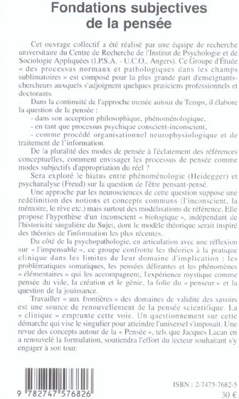 Quatrième de couverture de « FONDATIONS SUBJECTIVES DE LA PENSEE - AVEC UN INDEX DU CONCEPT DE PENSEE CHEZ LACAN »