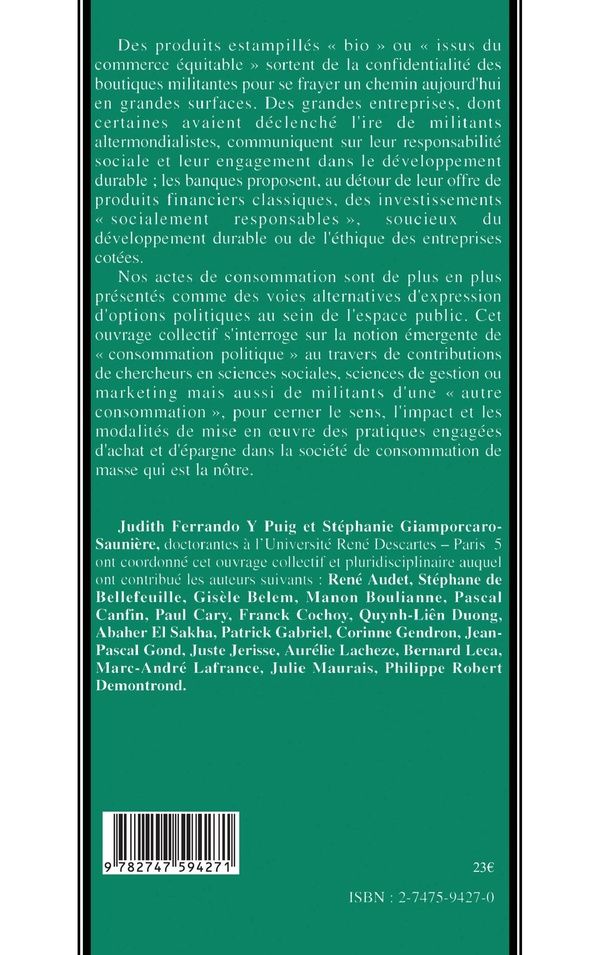 Quatrième de couverture de « POUR UNE AUTRE CONSOMMATION - SENS ET EMERGENCE D'UNE CONSOMMATION POLITIQUE »