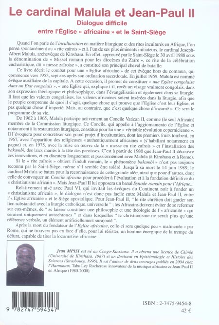 Quatrième de couverture de « LE CARDINAL MALULA ET JEAN-PAUL II »