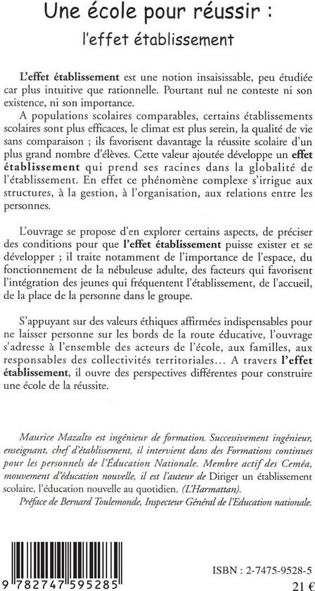 Quatrième de couverture de « UNE ECOLE POUR REUSSIR: L'EFFET RETABLISSEMENT »