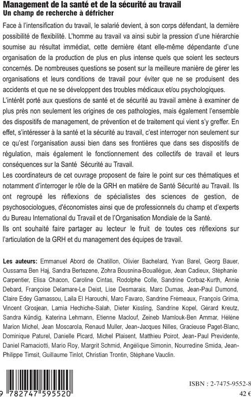 Quatrième de couverture de « MANAGEMENT DE LA SANTE ET DE LA SECURITE AU TRAVAIL - UN CHAMP DE RECHERCHE A DEFRICHER »