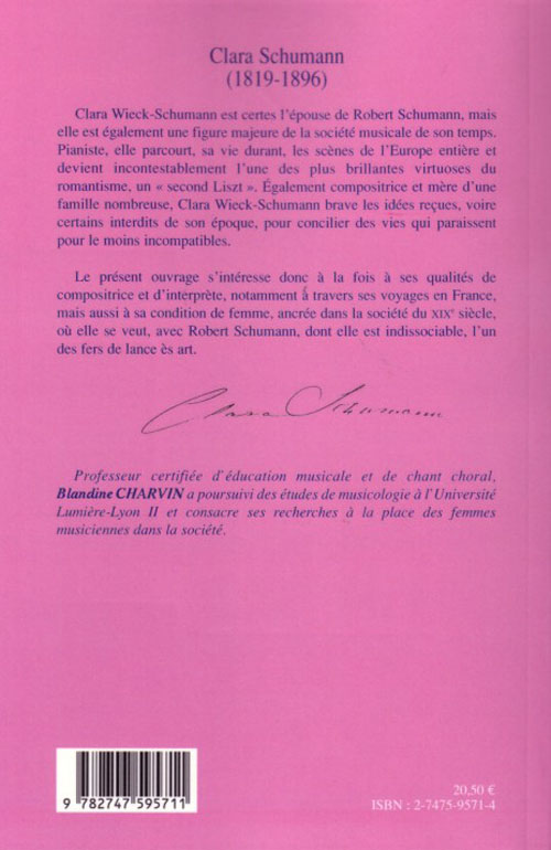 Quatrième de couverture de « CLARA SCHUMANN - 1819-1896 - VOYAGES EN FRANCE »