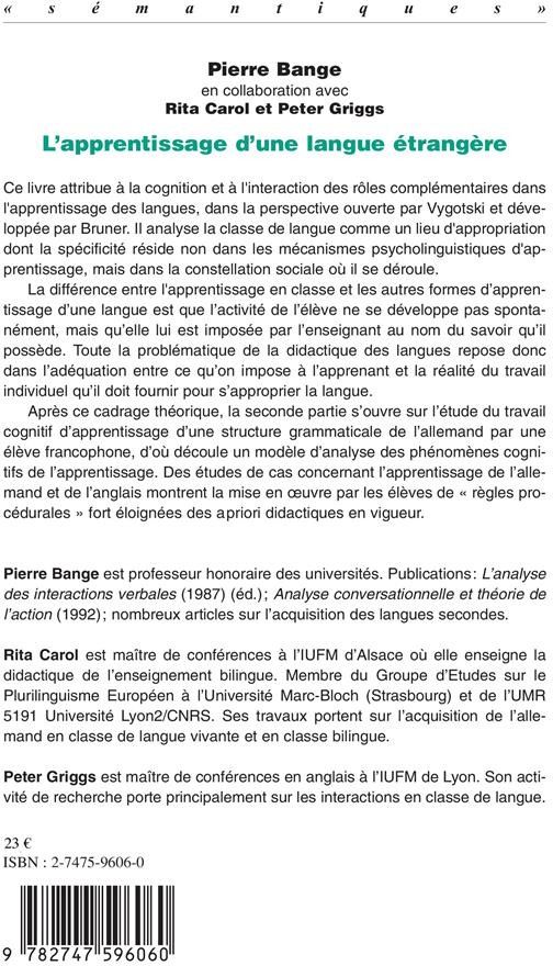 Quatrième de couverture de « L'APPRENTISSAGE D'UNE LANGUE ETRANGERE - COGNITION ET INTERACTION »