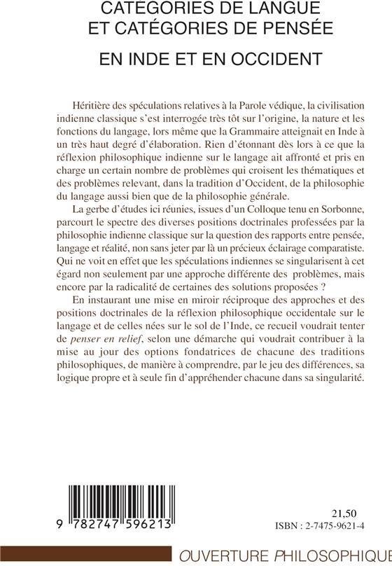 Quatrième de couverture de « CATEGORIES DE LANGUE ET CATEGORIES DE PENSEE - EN INDE ET EN OCCIDENT »