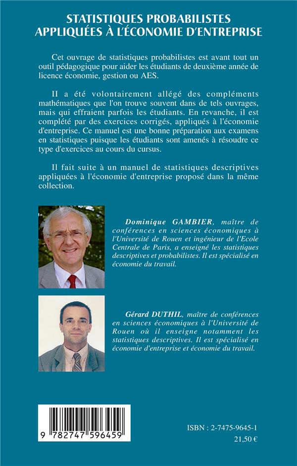 Quatrième de couverture de « STATISTIQUES PROBABILISTES APPLIQUEES A L'ECONOMIE D'ENTREPRISE »