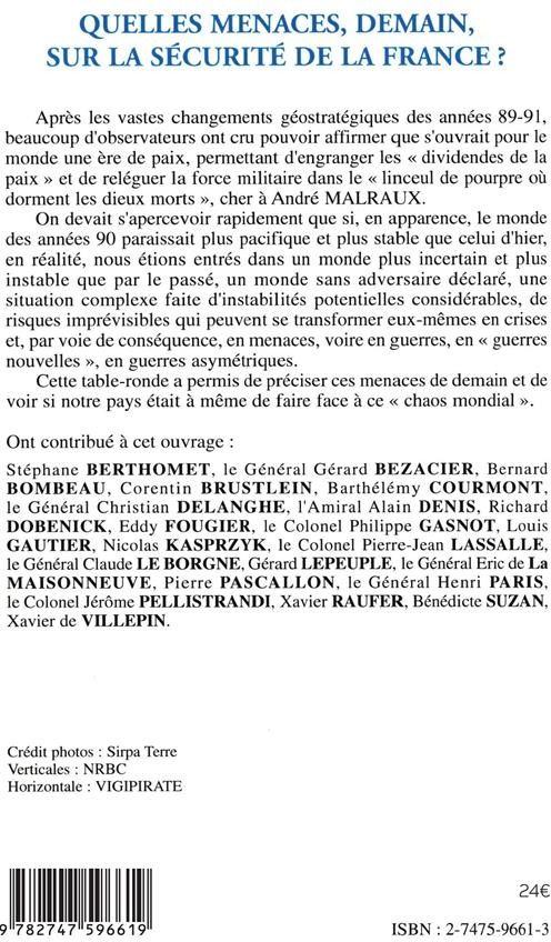 Quatrième de couverture de « QUELLES MENACES, DEMAIN, SUR LA SECURITE DE LA FRANCE ? »