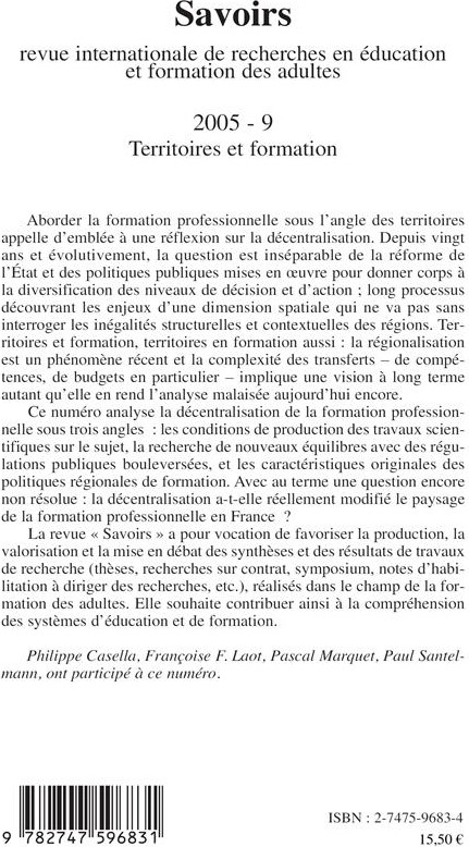 Quatrième de couverture de « TERRITOIRES ET FORMATION - VOL09 »
