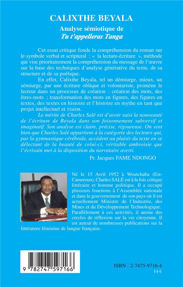 Quatrième de couverture de « CALIXTHE BEYALA - ANALYSE SEMIOTIQUE DE "TU T'APPELLERAS TANGA" »