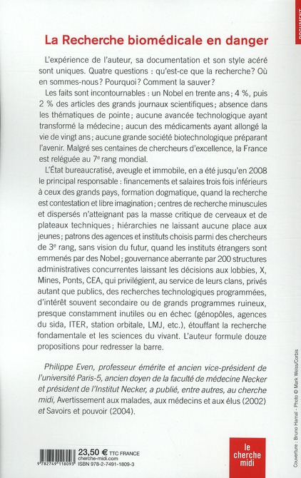 Quatrième de couverture de « LA RECHERCHE BIOMEDICALE EN DANGER »