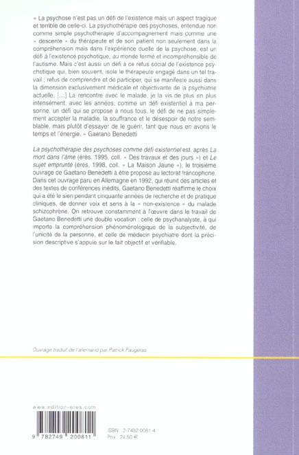 Quatrième de couverture de « PSYCHOTHERAPIE DES PSYCHOSES COMME DEFI EXISTENTIEL »