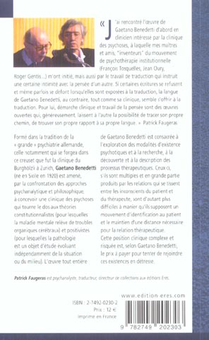 Quatrième de couverture de « RENCONTRE AVEC GAETANO BENEDETTI - L'EXPERIENCE DE LA PSYCHOSE »