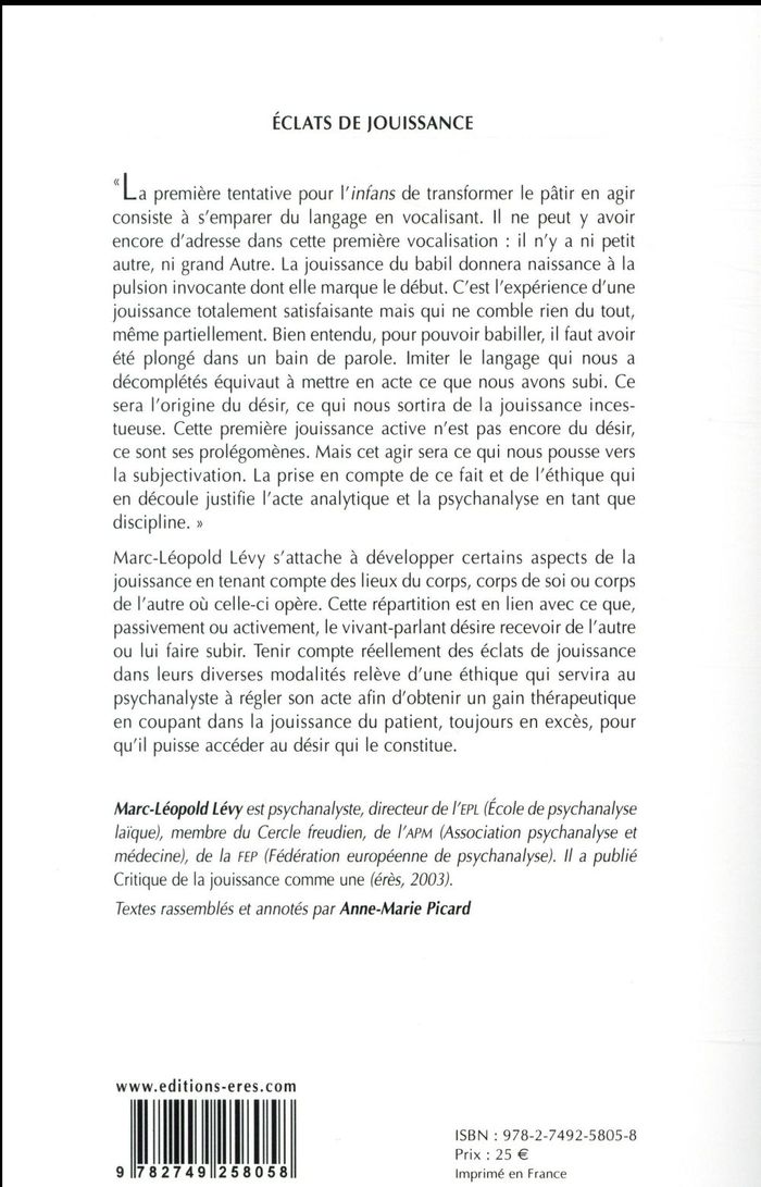 Quatrième de couverture de « Éclats de jouissance : éthique et psychanalyse »