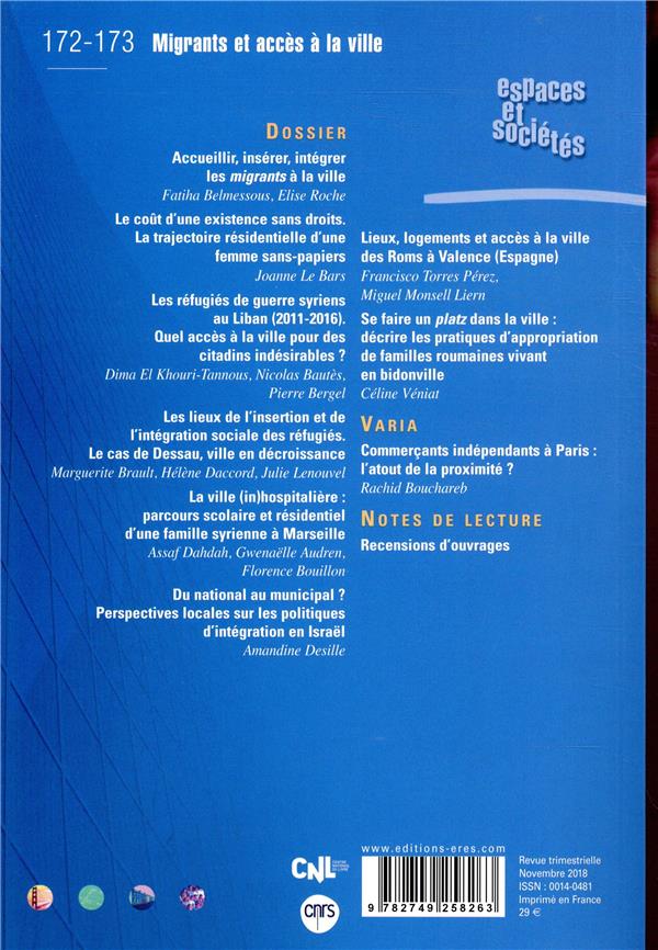 Quatrième de couverture de « ESPACES ET SOCIETES 172-173 - MIGRANTS ET ACCES A LA VILLE »