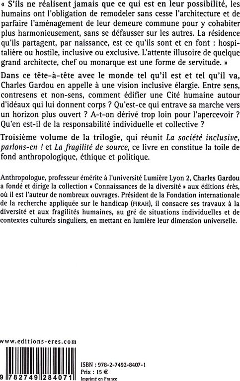 Quatrième de couverture de « Une cité inclusive comme horizon : essai de critique sociale »