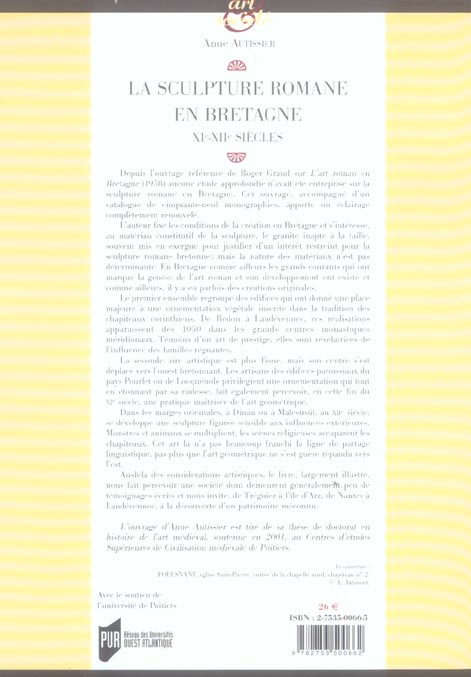 Quatrième de couverture de « SCUPLTURE ROMANE EN BRETAGNE XIE-XIIE SIECLES »