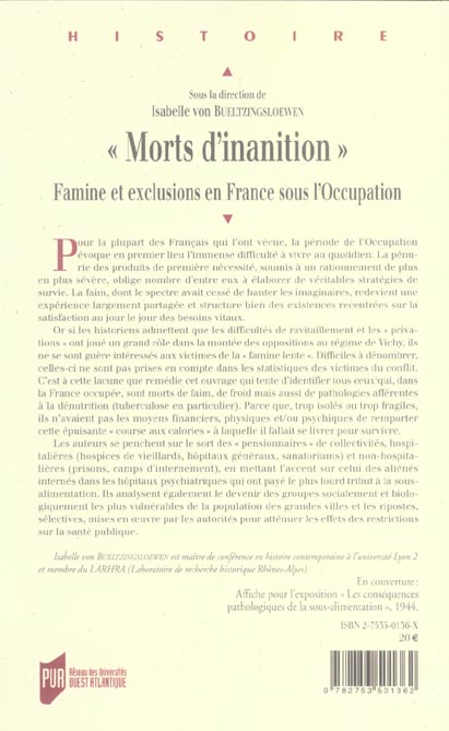 Quatrième de couverture de « "MORTS D'INANITION" - FAMINE ET EXCLUSIONS EN FRANCE SOUS L'OCCUPATION »