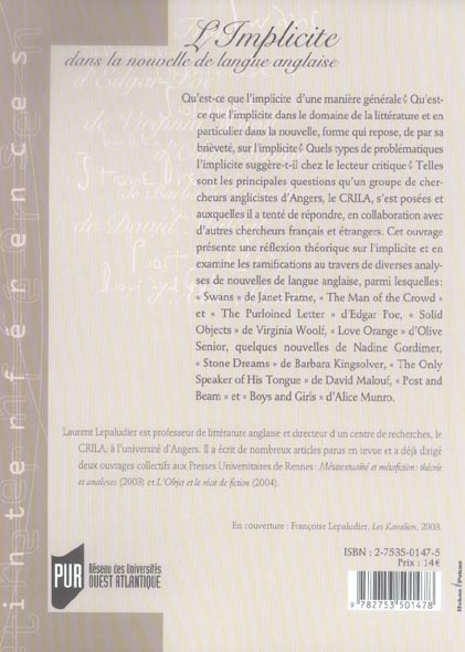 Quatrième de couverture de « IMPLICITE DANS LA NOUVELLE DE LANGUE ANGLAISE »