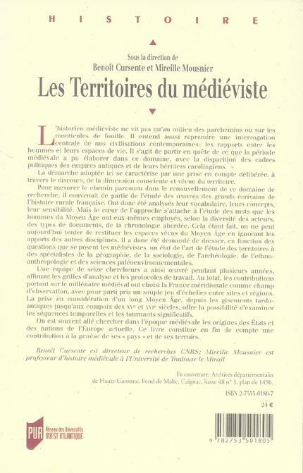 Quatrième de couverture de « TERRITOIRES DU MEDIEVISTE »