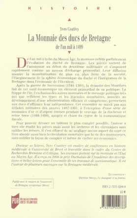 Quatrième de couverture de « MONNAIE DES DUCS DE BRETAGNE. DE L AN MILLE A 1499 »