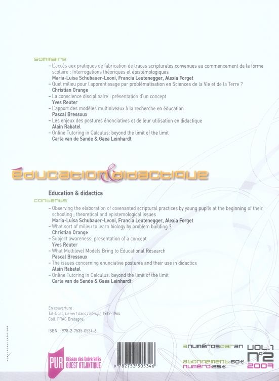 Quatrième de couverture de « EDUCATION ET DIDACTIQUE 2 »