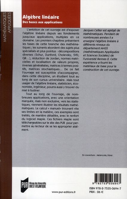 Quatrième de couverture de « ALGEBRE LINEAIRE »