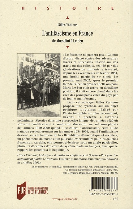 Quatrième de couverture de « ANTIFASCISME EN FRANCE »