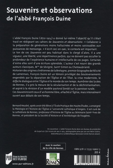 Quatrième de couverture de « SOUVENIRS ET OBSERVATIONS DE L ABBE FRANCOIS DUINE »