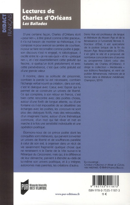 Quatrième de couverture de « LECTURES DE CHARLES D ORLEANS »