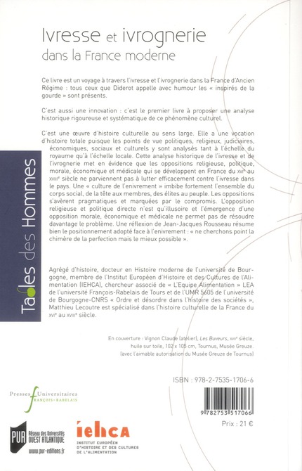 Quatrième de couverture de « IVRESSE ET IVROGNERIE DANS LA FRANCE MODERNE »