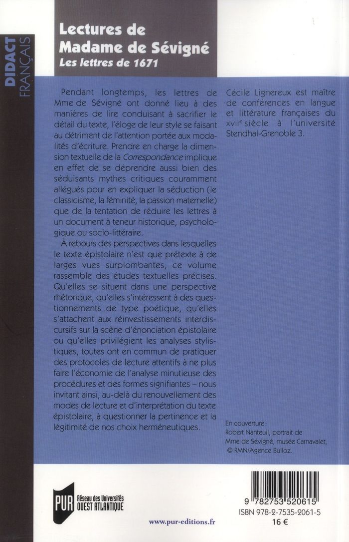 Quatrième de couverture de « LECTURES DE MADAME DE SEVIGNE »