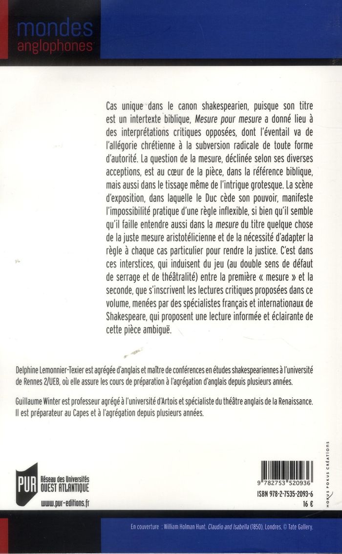Quatrième de couverture de « LECTURES DE MEASURE FOR MEASURE »