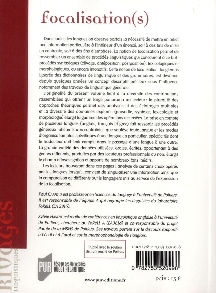 Quatrième de couverture de « FOCALISATION S »