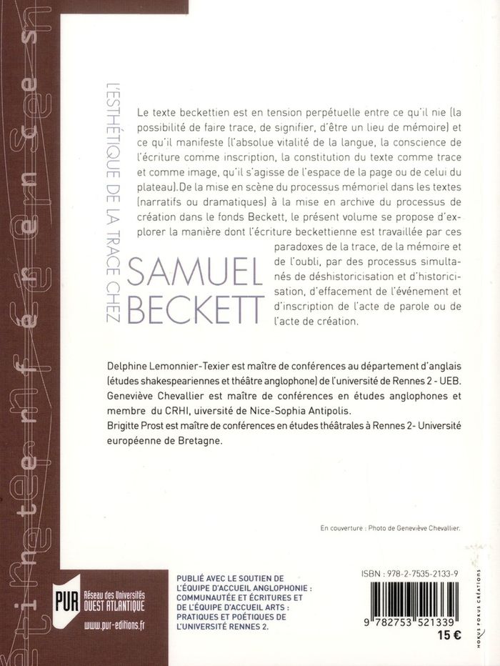 Quatrième de couverture de « ESTHETIQUE DE LA TRACE CHEZ SAMUEL BECKETT »