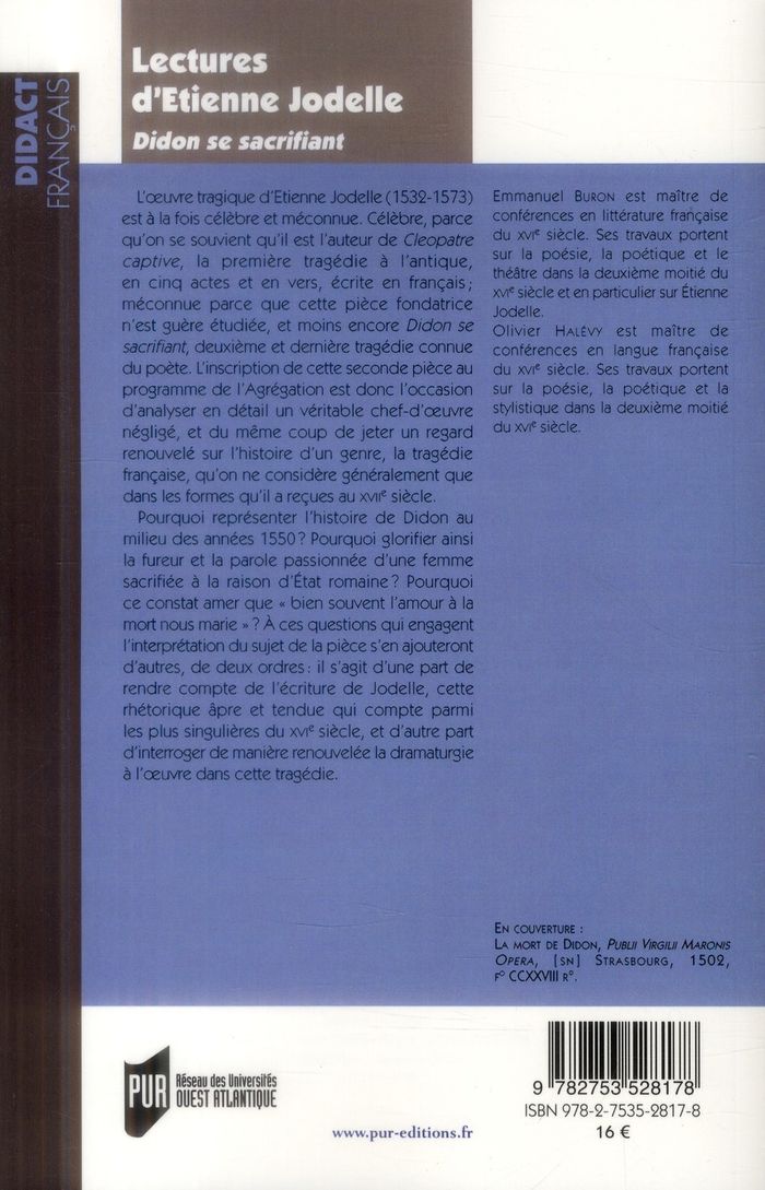 Quatrième de couverture de « LECTURES D ETIENNE JODELLE »