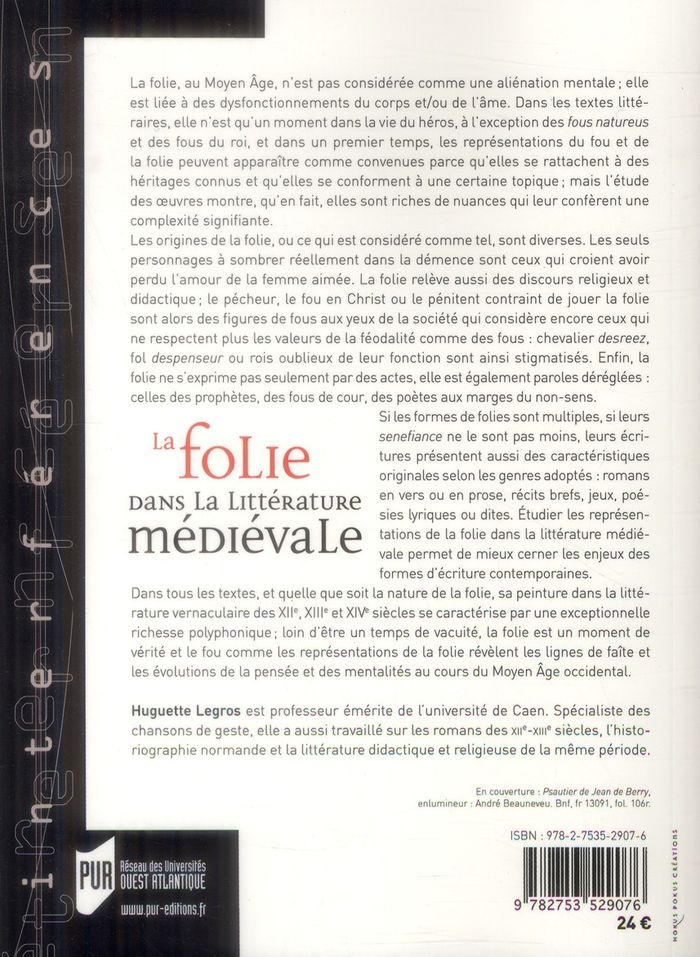 Quatrième de couverture de « FOLIE DANS LA LITTERATURE MEDIEVALE »