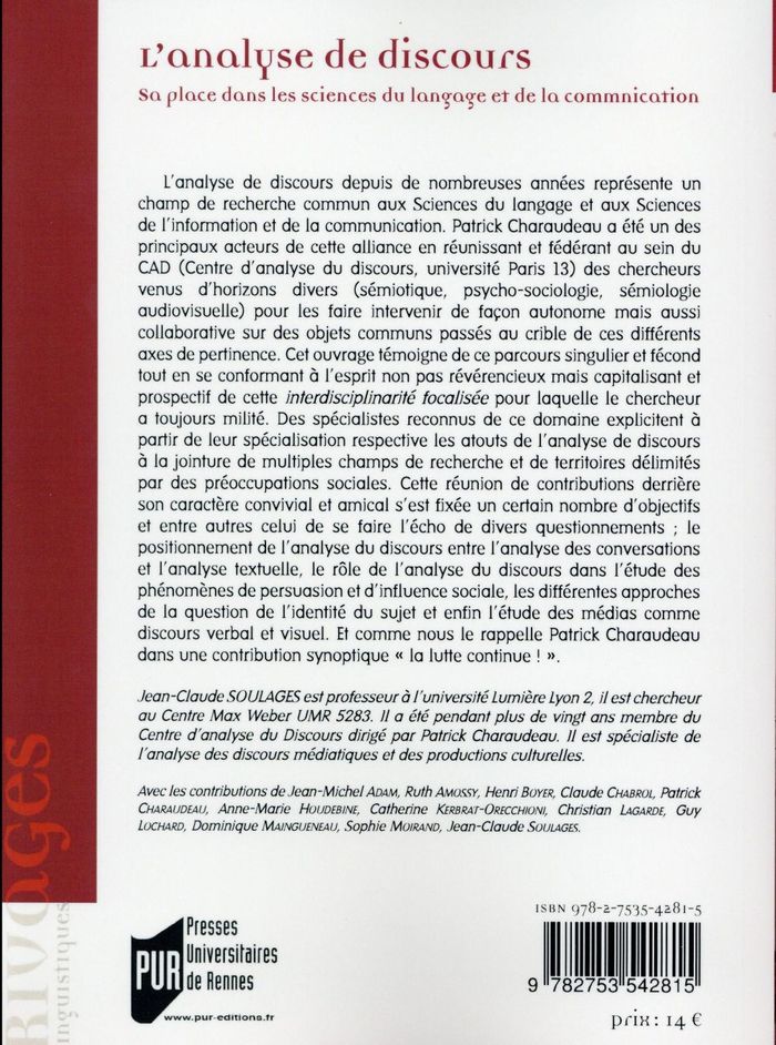 Quatrième de couverture de « ANALYSE DE DISCOURS »