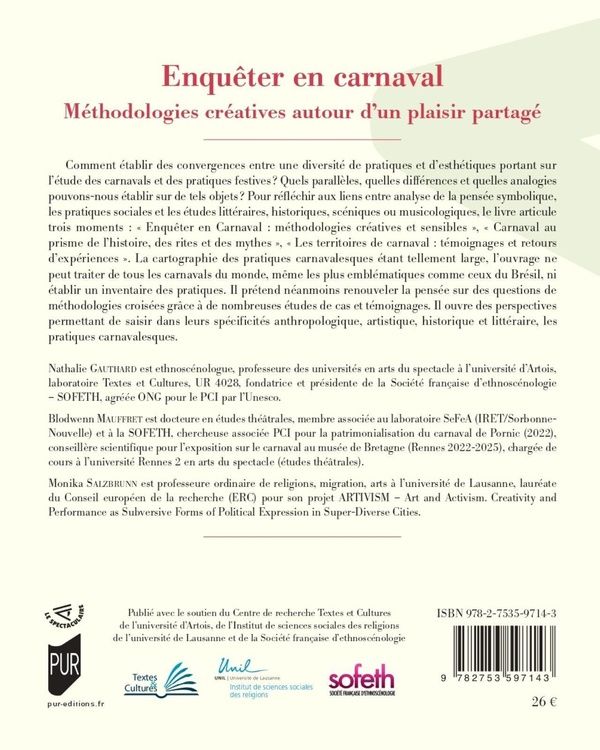 Quatrième de couverture de « Enquêter en carnaval : méthodologies créatives autour d'un plaisir partagé »