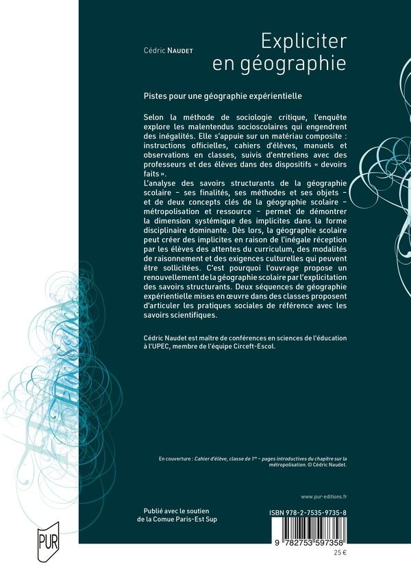 Quatrième de couverture de « Expliciter en géographie : pistes pour une géographie expérientielle »
