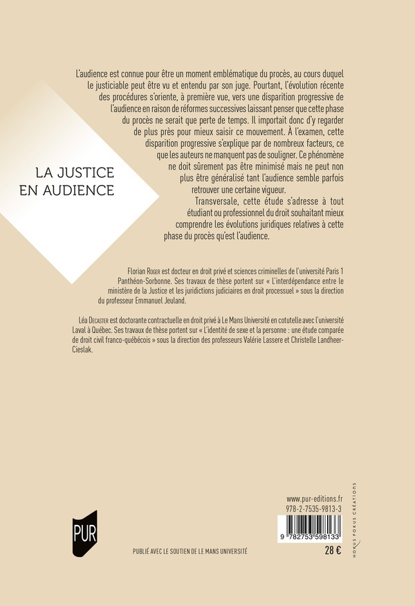 Quatrième de couverture de « La justice en audience »
