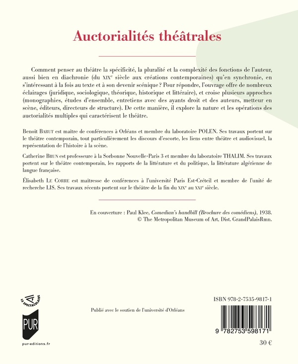 Quatrième de couverture de « Auctorialités théâtrales »