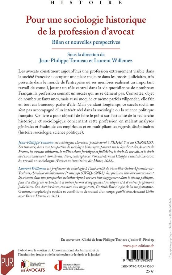 Quatrième de couverture de « Pour une sociologie historique de la profession d'avocat : bilan et nouvelles perspectives »