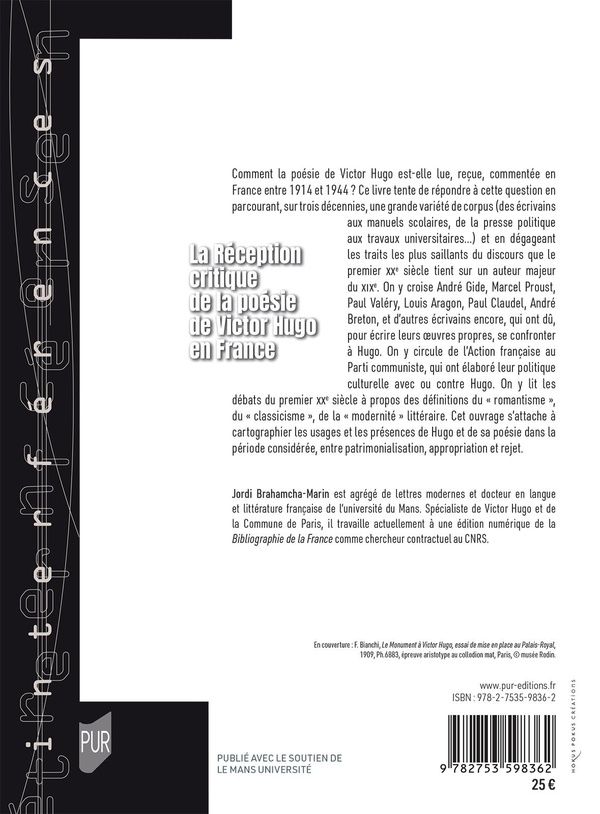 Quatrième de couverture de « La réception critique de la poésie de Victor Hugo en France : 1914-1944 »