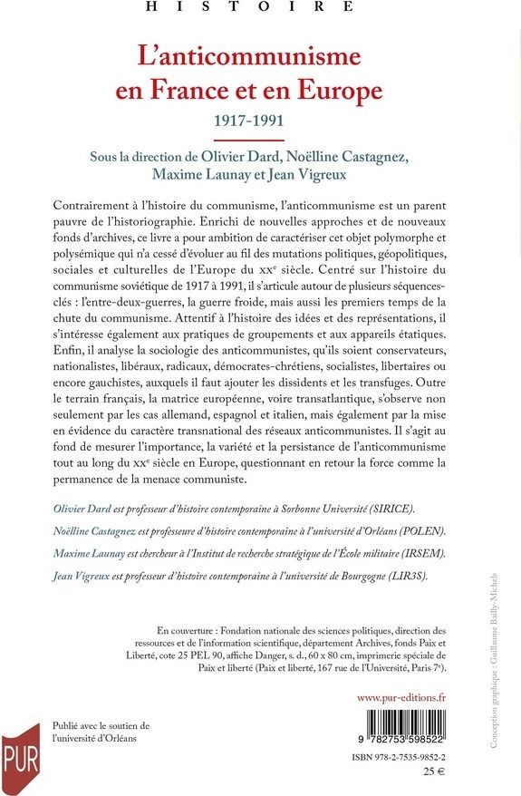 Quatrième de couverture de « L'anticommunisme en France et en Europe : 1917-1991 »