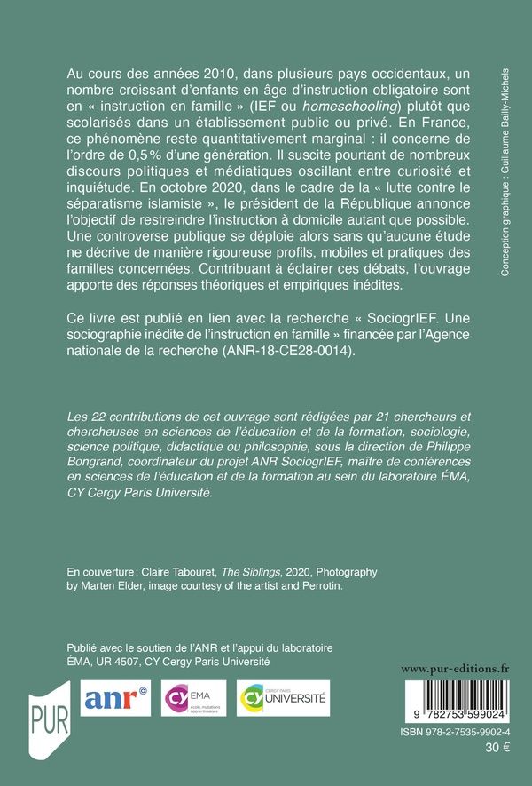 Quatrième de couverture de « L'instruction en famille en France : profils, mobiles et pratiques au tournant des années 2020 »