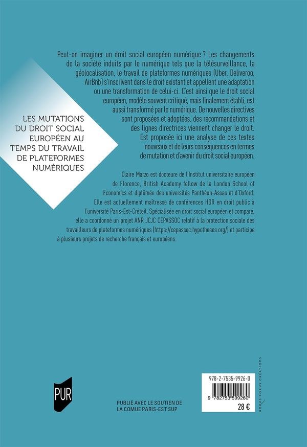 Quatrième de couverture de « Les mutations du droit social européen au temps du travail de plateformes numériques »
